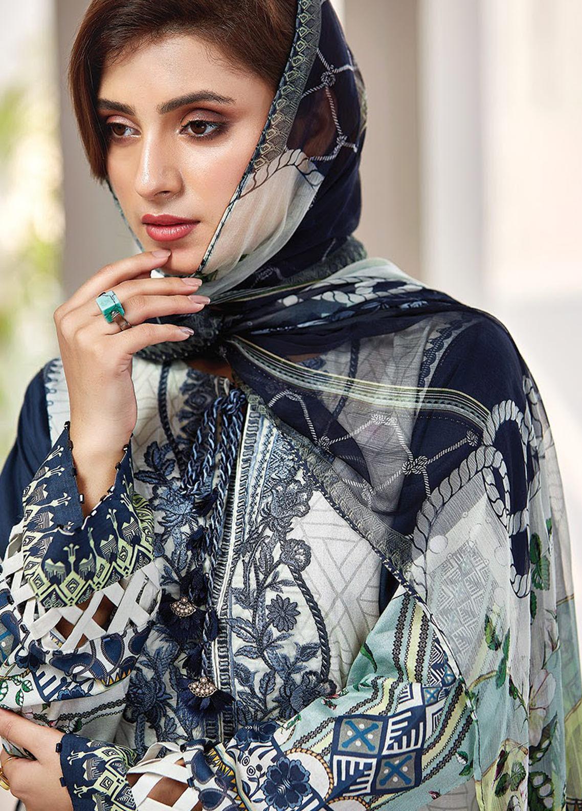 3 Piece - Embroided Lawn Suit With Chiffon Dupatta