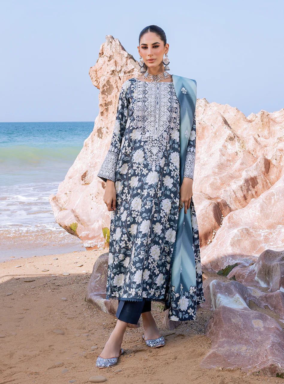 3 Piece - Unstitched Digital Printed Lawn Fabric With Embroided Laces