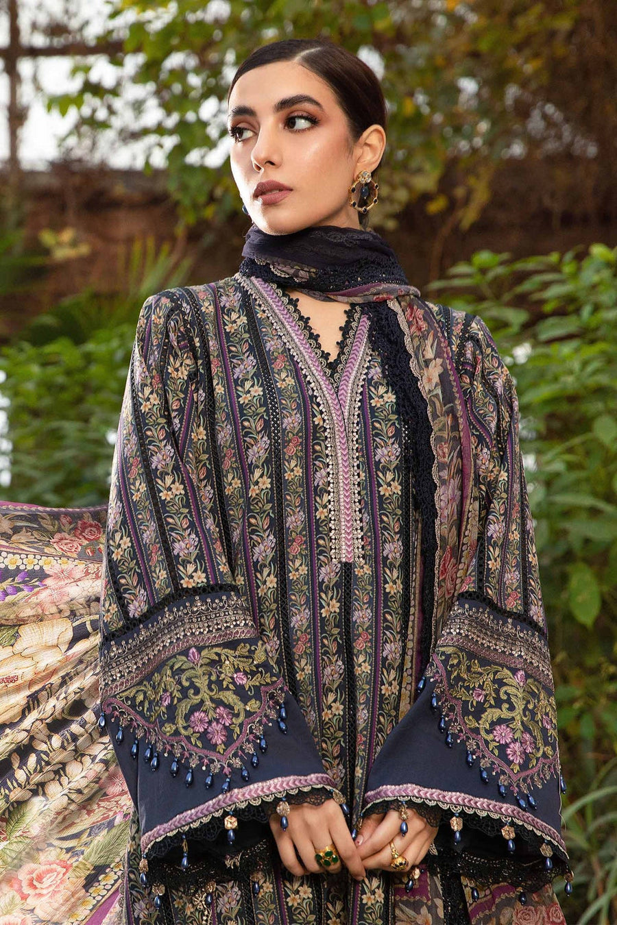 3 Piece - Unstitched Digital Printed Lawn Fabric With Embroided Laces