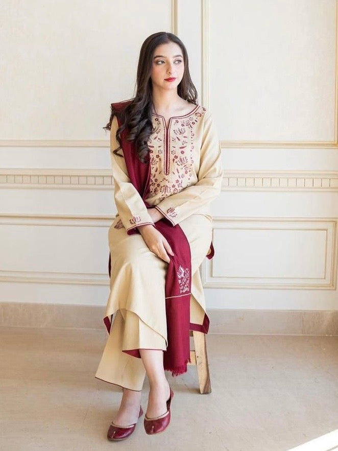 3 Piece - Unstitched Embroidered Dhanak Fabric AS-25