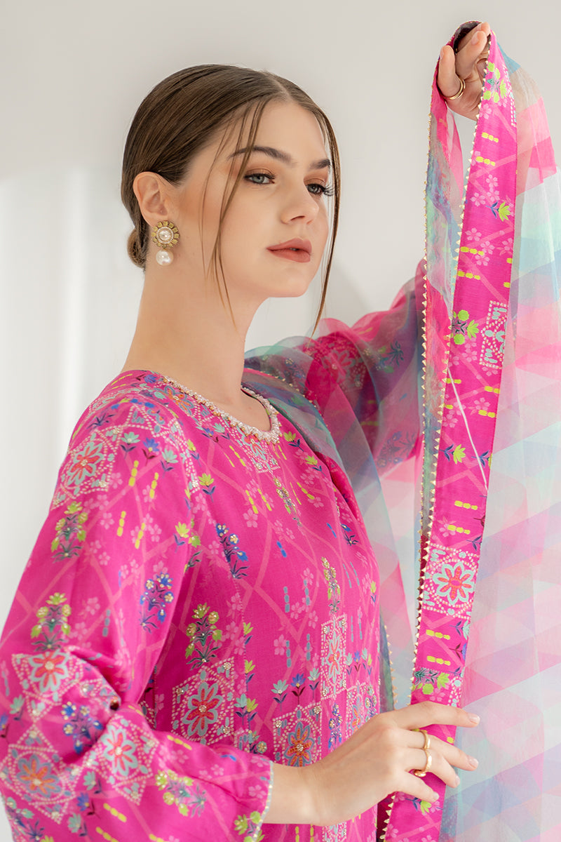 3 Piece - Unstitched Digital Printed Lawn Fabric With Silk Dupatta KD 121