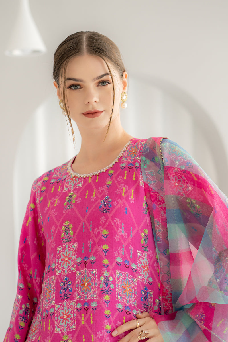 3 Piece - Unstitched Digital Printed Lawn Fabric With Silk Dupatta KD 121