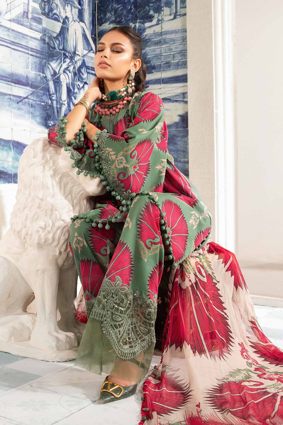 3 Piece - Unstitched Digital Printed Lawn Fabric With Embroided Laces