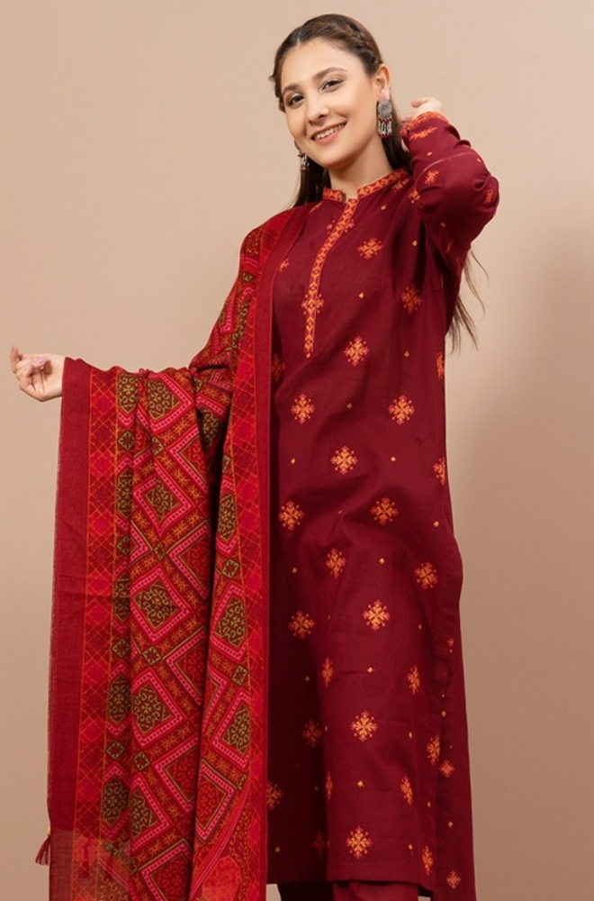 3 Piece - Unstitched Fully Embroided Dhanak Fabric With Wool Shawl KS-705
