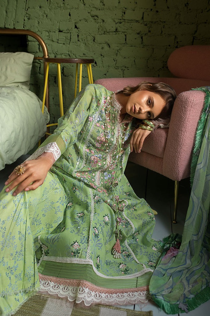 3 Piece - Unstitched Digital Printed Lawn Fabric With Embroided Laces