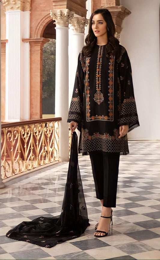 3 Piece - Unstitched Fully Embroided Linen Fabric With Embroided Bamber Chiffon Dupatta BR-465